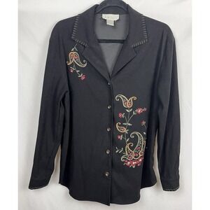 Vtg 90s Black Embroidered Paisley Floral Shacket Jacket Sm Oversized Cottagecore